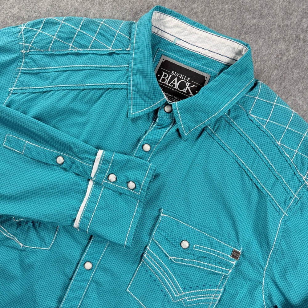 Buckle Black Mens Large Teal Blue Western Pearl Snap Long Sleeve Shirt Cowboy